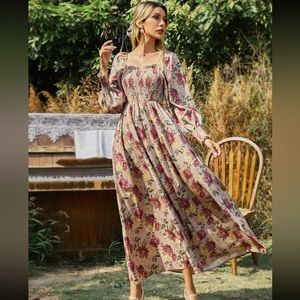 Floral square neck long sleeve dress
